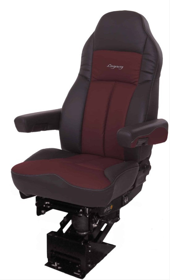 Legacy Air-Ride Truck Seat with DuraLeather and D2 Foam Technology – High Back, Adjustable Armrests, Universal Fit  - Red and Black
