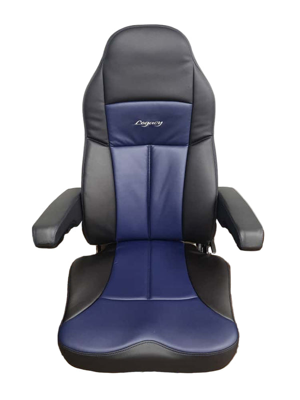 Legacy Air-Ride Truck Seat with DuraLeather and D2 Foam Technology – High Back, Adjustable Armrests, Universal Fit - Blue and Black